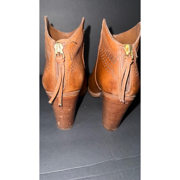 Womens Leather Ankle Boots Heel Booties Cutout Back Zipper Tan Brown size 7 - Picture 7 of 10